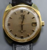 A gentleman's 1970's? gold plated Omega Seamaster Cosmic automatic wrist watch, on associated