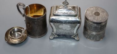 A Victorian engraved silver/silver gilt Christening mug, a Malaysian white metal box and cover and
