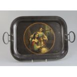 A Regency toleware tray, with iron loop handles and decorated with a portrait of two young ladies