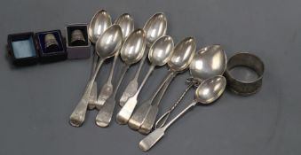 Assorted silver spoons, two thimbles and a serviette ring.