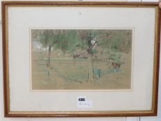 Bernard Dunstan (1920-2017) pastel, Horse fair beneath trees, 20 x 33cm