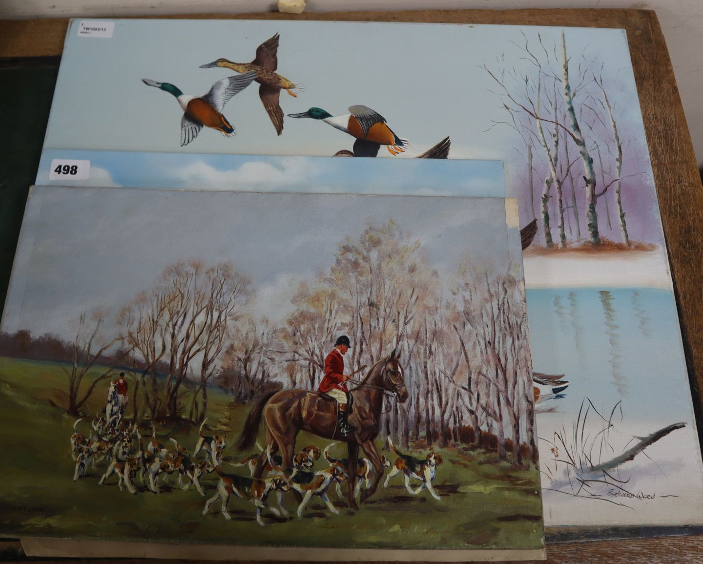 Ben Catlow (20th century), Hunting scene, signed, oil on canvas and two other paintings, Shelduck in