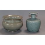 A Chinese green crackleglaze bottle vase and a Chinese green Jun type vessel height 11cm