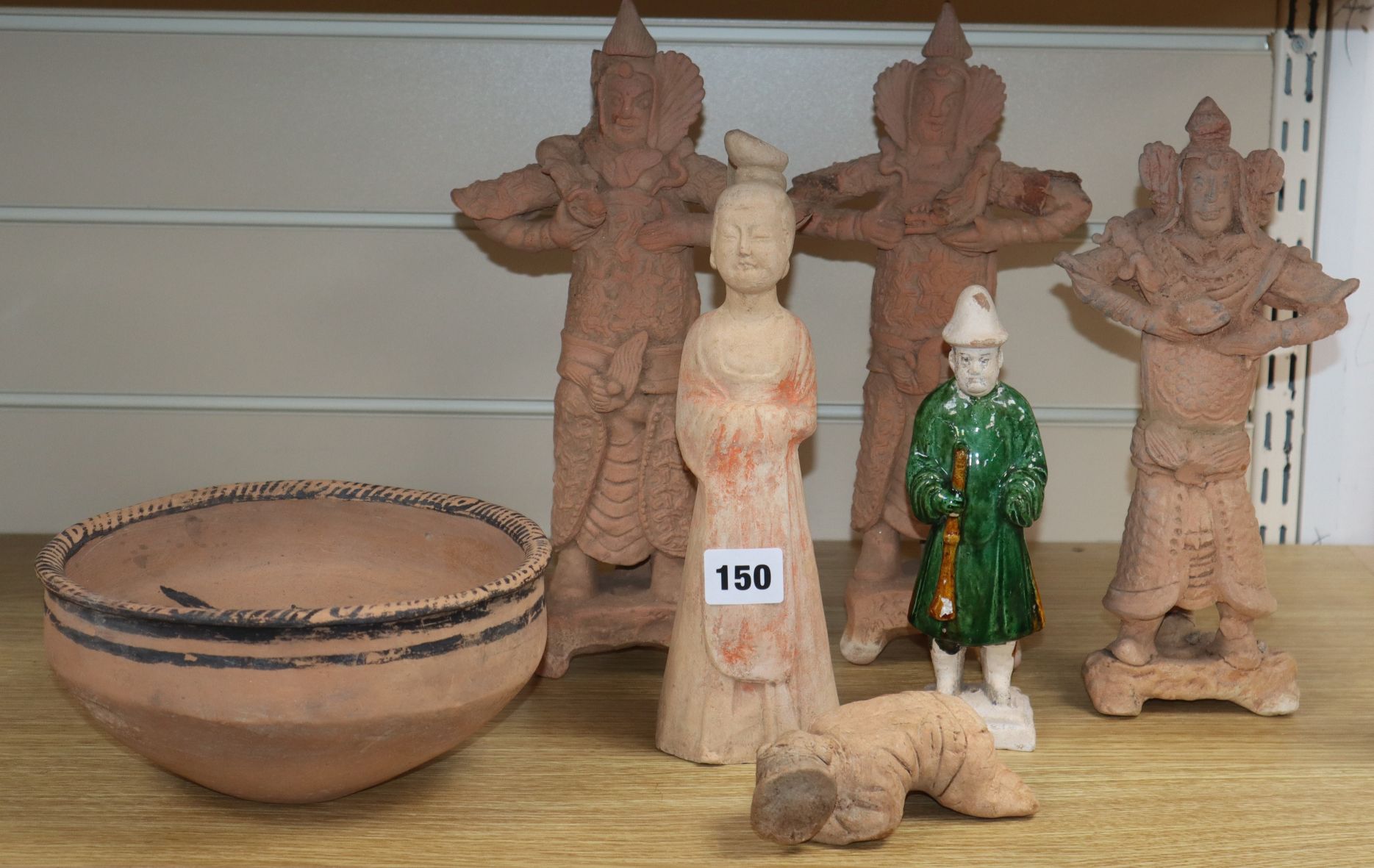 Five Chinese pottery figures, Tang dynasty or later and an Indus Valley bowl