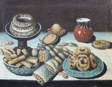 17th century Italian Stylepair of oils on canvas,Still lifes of fruit and pastries on tabletops19