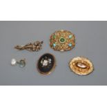 A George IV yellow metal and turquoise set mourning brooch, a pietra dura brooch, a yellow metal and