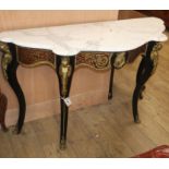 An ebonised boullework marble top serpentine front console table W.130cm