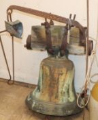 A Victorian cast bronze church bell with clanger and rope pull from St. Bartz Church, Spithurst,