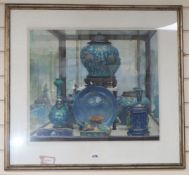 D. Freeman (early 20th century), still life of Chinese ceramics in a display case, signed,