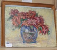 English School, oil on canvas laid on board, Still life of flowers in a vase, 35 x 45cm, unframed