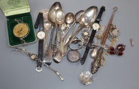 Mixed items including silver flatware, charm bracelet, wrist watch etc.