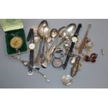 Mixed items including silver flatware, charm bracelet, wrist watch etc.