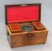 A late Georgian mahogany and boxwood strung tea caddy with glass mixing bowl
