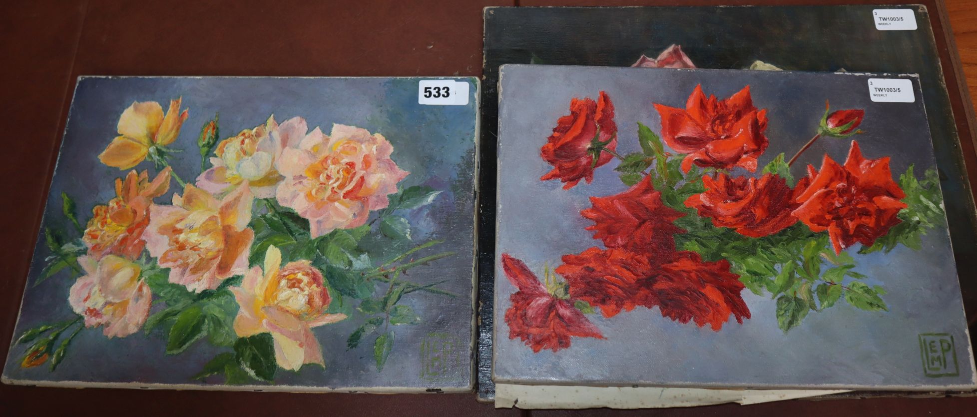 Katharina L. Beard, roses in a glass vase, inscribed verso and two other oils on canvas of roses
