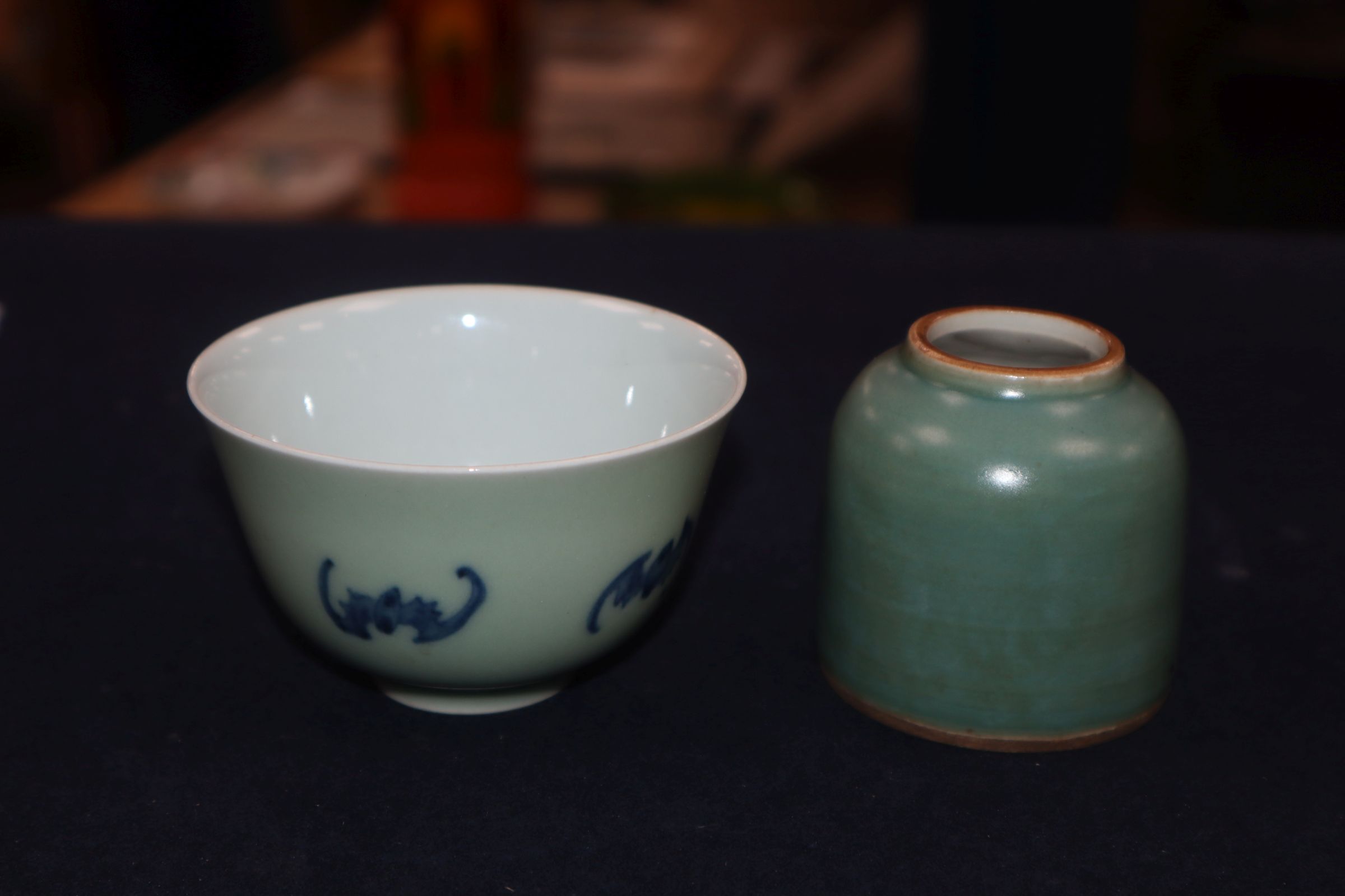 A Chinese blue and white tea bowl and a Chinese green glazed ink pot tallest 6cm - Image 6 of 17