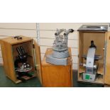 A Comparison microscope unit, no.128, cased, a Spencer Buffalo USA microscope microscope, no.148608,