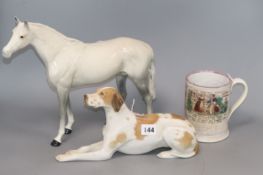 A Beswick large grey racehorse, a Lomonsov model of a pointer and a Sunderland lustre 'frog' mug