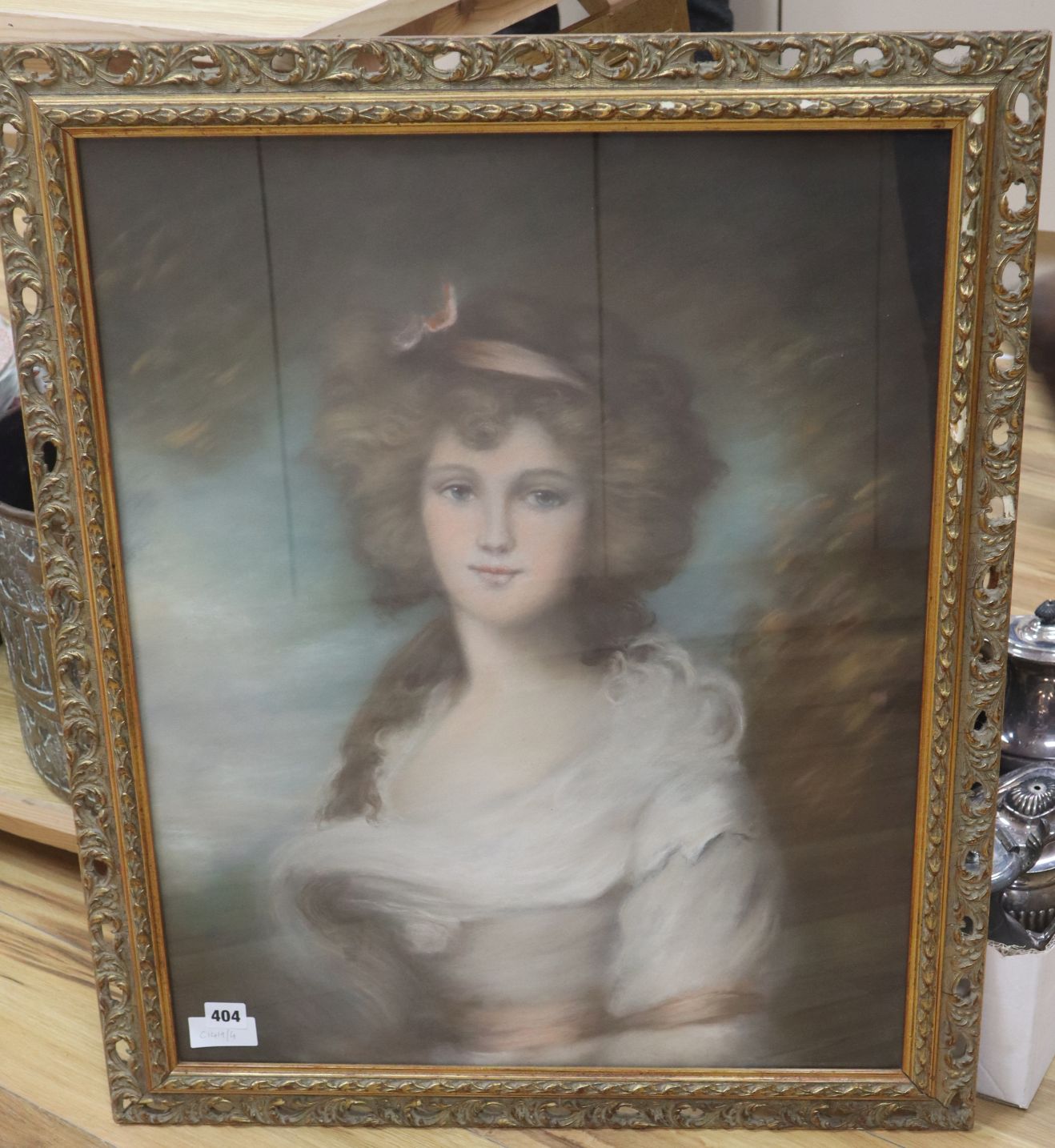 After George Romney, late 19th century, pastel, Portrait of a young woman wearing a lace trimmed - Image 2 of 2