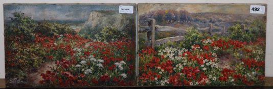 Sidney Shelton (fl. 1881-1889), Poppies by a Coastal Path and companion piece, a pair, signed, oil