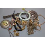A mixed group of assorted jewellery etc. including costume, a silver mounted compact mirror, 925