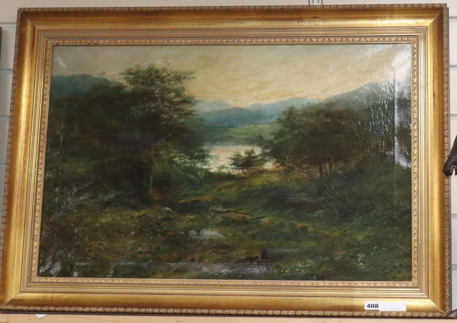 English School c.1900, oil on canvas, Lake scene, 48 x 74cm