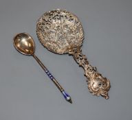 An early 20th century Russian 84 zolotnik and cloisonne enamelled spoon and a Dutch pierced and