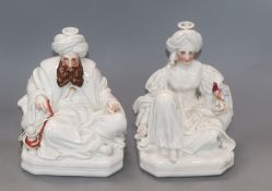 A pair of Jacob Petit 'Sultan' and 'Sultana' figural scent flasks, mid 19th century, height 21cm