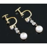 A pair of Edwardian gold, cultured pearl? and diamond drop ear clips, 22mm.