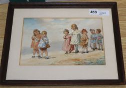 Winifred Wimbush (1884-1958), study of children walking on a path, signed, watercolour, 17 X