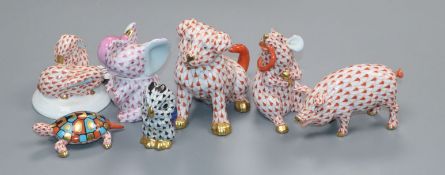 Seven Royal Crown Derby figurines - a turtle, a rat, a pig, a dog, an elephant, rabbits