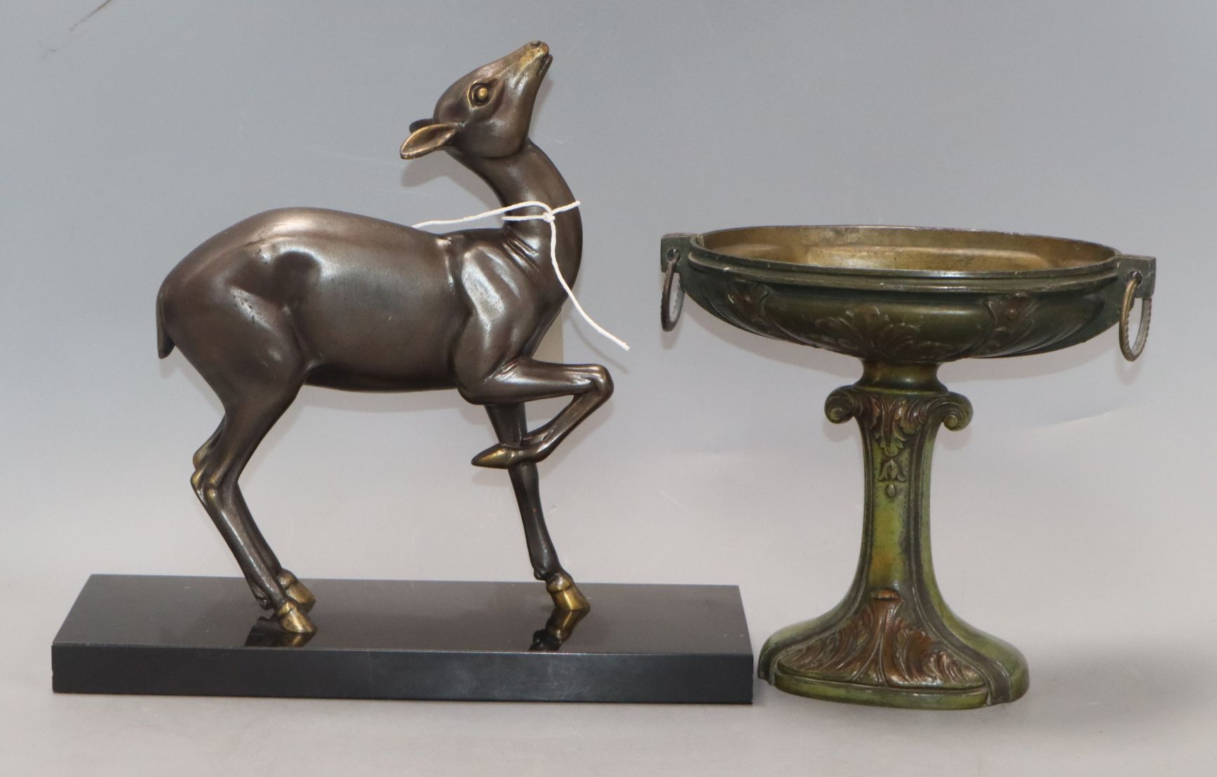 An Art Deco bronze figure of a deer and metal centrepiece tallest 26cm