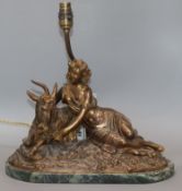 A bronzed metal classical figural lamp on marble base, modelled as a lady feeding a goat length