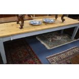 A large 19th century French farmhouse pine table (frieze and legs painted grey) Top 265 x 73cm