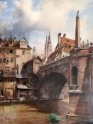 Lorenze Ritter (German 1831-1921), watercolour, A bridge at Tharlesbruke, Nuremberg, signed, 62 x