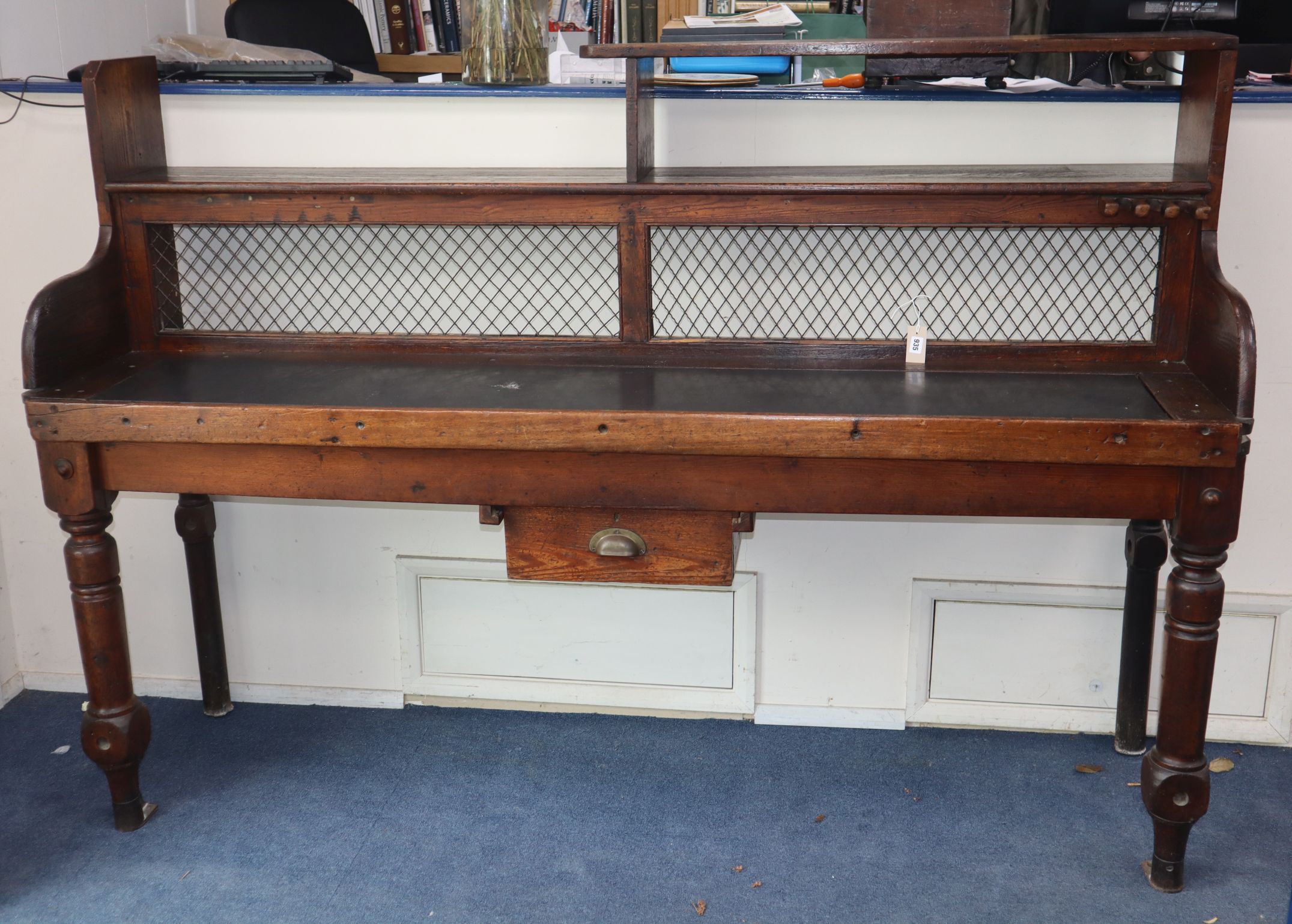 A Victorian pine post office counter L.210cm