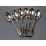 A matched set of six 19th century silver fiddle pattern dessert spoons including one by Paul