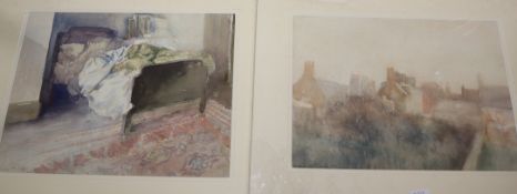 Marian Kratochwil (1906-1997) 2 watercolours, Unmade bed and Roof tops, signed and dated 1943,