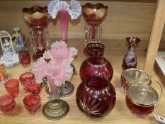 A quantity of cranberry glassware including a pair of lustres