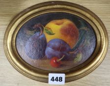 Natalie Music, oil on board, Still life of fruit, initialled, 12 x 16cm