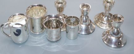 Four assorted Continental white metal beakers including German and Dutch and two pairs of dwarf