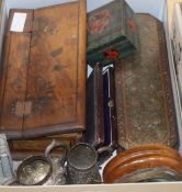 A collection of scissors, boxes and metalware