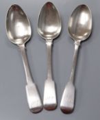A pair of 19th century Colonial? white metal fiddle pattern table spoons and a George III silver