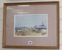 Peter Bowman, watercolour, Fishing boats on the shore, signed, 16.5 x 27cm