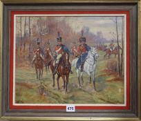 Albert Le Preux (French 1868-1959), oil on canvas, Cavalry in woodland, signed, 33 x 41cm