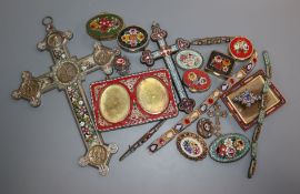 A quantity of base metal and micro mosaic pieces including photograph frames, pill box, crosses