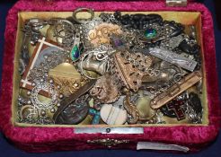 A box of assorted jewellery including French white metal and enamel.