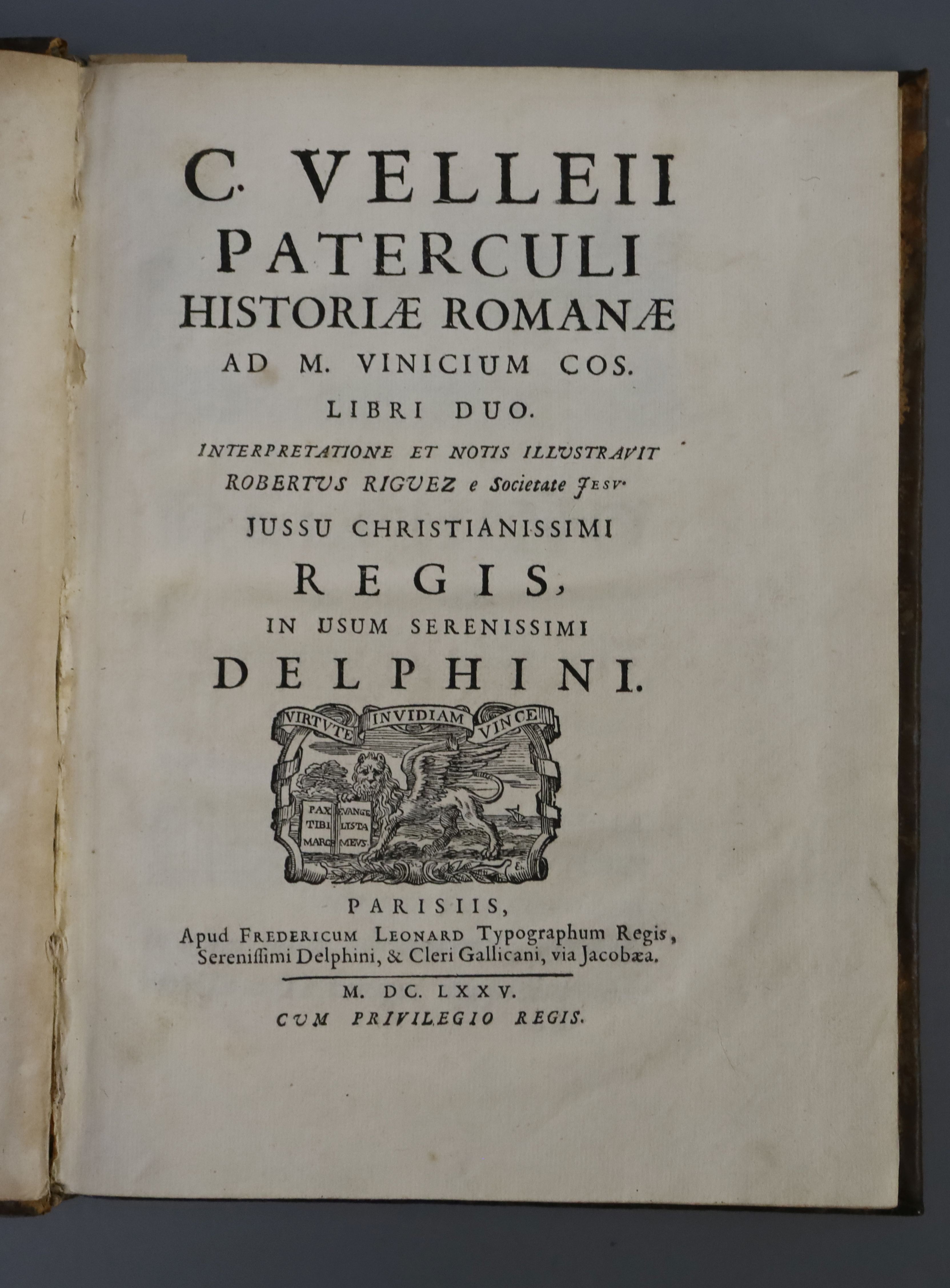 Velleius Paterculus - C. Velleii Paterculi historiae Romanae and M. Vinicium cos, qto, calf, lacking