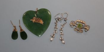 A pair of white metal, diamond and seed pearl drop earrings, a 9ct gem set brooch, nephrite