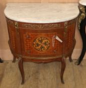 A Louis XVI style marquetry inlaid marble top bow front side cabinet W.70cm