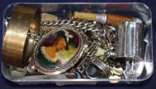 A 19th century continental white metal pill box and group of assorted jewellery including silver